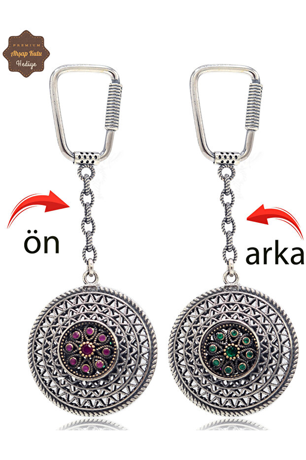 Ruby and Emerald Stone Zigzag Model Double-Sided Oxidized Silver Filigree Keychain 201025180