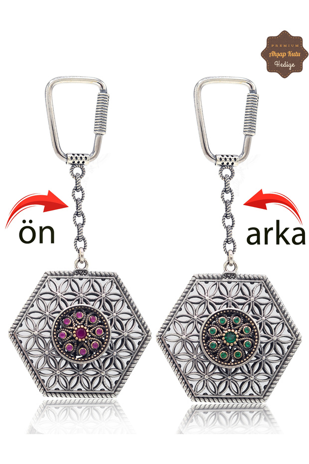 Ruby and Emerald Stone Flower Model Double Sided Oxidized Silver Filigree Key Chain 201025184