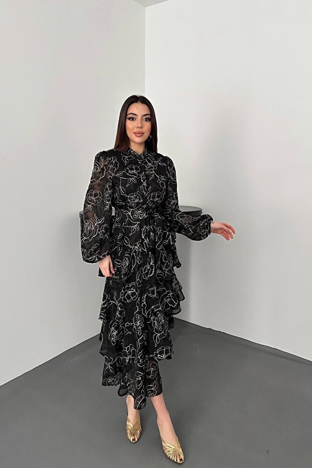 Volanlı Şeritli Kat Kat Jakarlı Elbise - 4