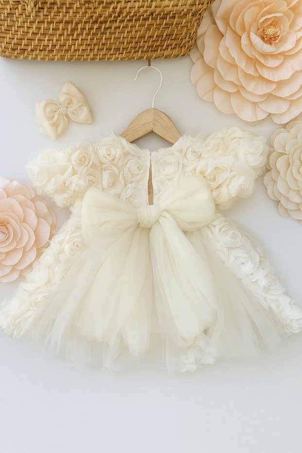 Girl's 3D Rose Lined Dress with Bow Detail