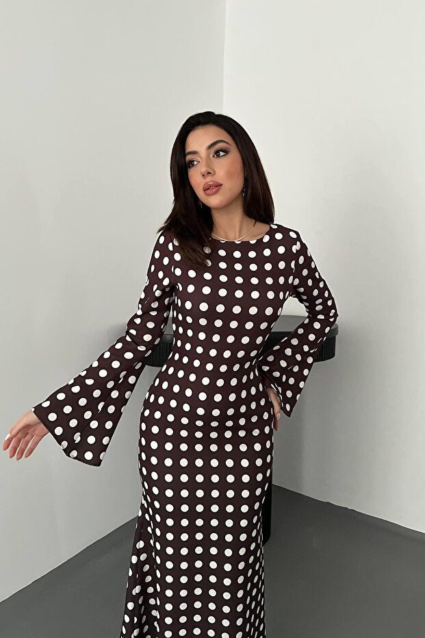 Puantiyeli Vücudu Saran Maxi Elbise - 2