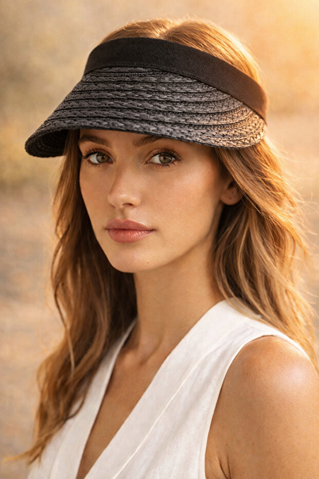 Women's Summer Straw Black Visor Hat Crown Model Sun Protection Beach Hat