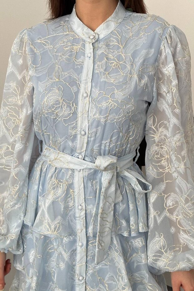 Volanlı Şeritli Kat Kat Jakarlı Elbise - 3