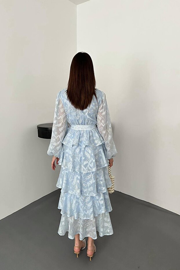 Volanlı Şeritli Kat Kat Jakarlı Elbise - 5