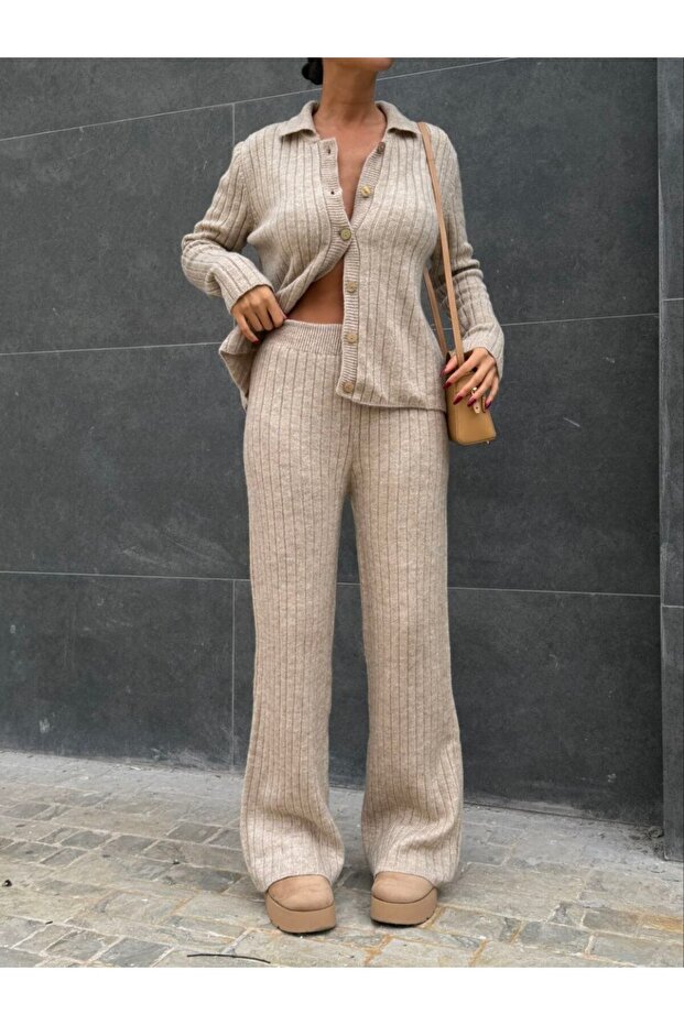 Yumoş Knitwear Top Cardigan Bottom Pants Two-Piece Set