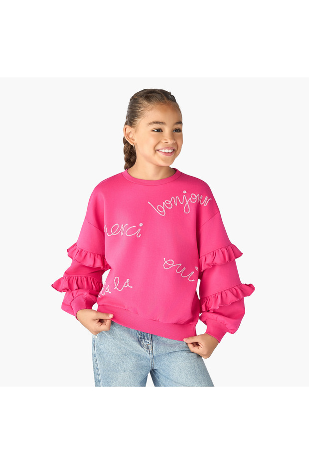 Graphic Print Sweatshirt with Ruffle Sleeves
