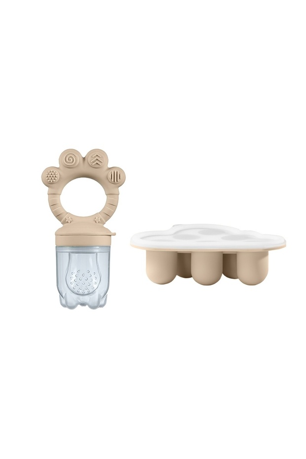 Beige 2pcs Baby Feeding Set: Baby Fruit Feeder with Freezer Mold with Lid, Silicone Food Tray Feeder