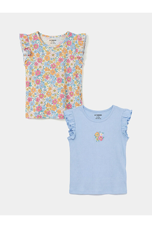 Gencc Quality Floral Printed Girls' Ribbed Undershirt 2-Piece Set
