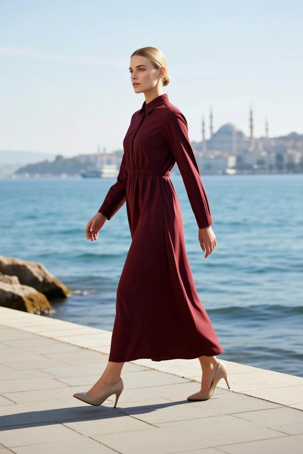 Women's Dress Shirt A-Line Collar Long Sleeve Woven Fabric Elastic Waist Unlined Plain Pattern Maxi Length