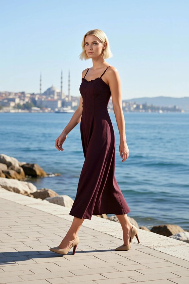 Women's Maxi Dress Heart Neckline Thin Straps Sleeveless Skater Pattern Ruffle Waist Opening Woven