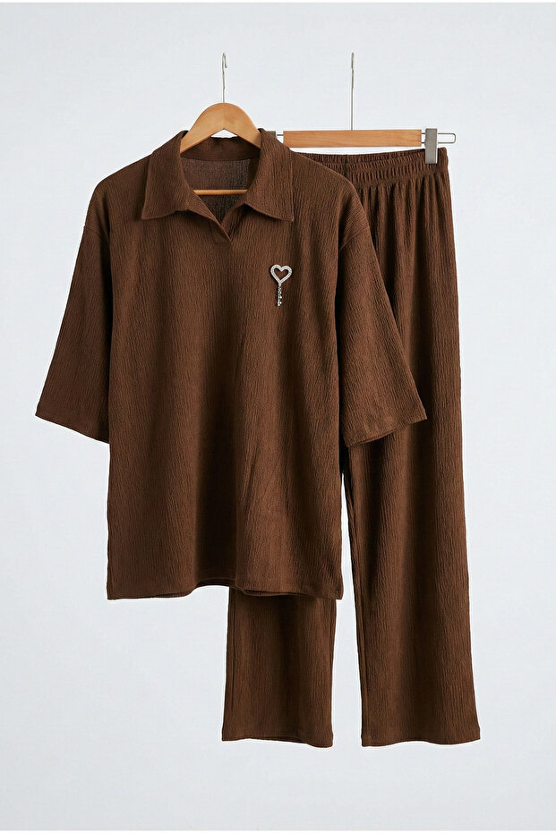 Stone Brooch Detailed Wrinkled Oversized Suit Set