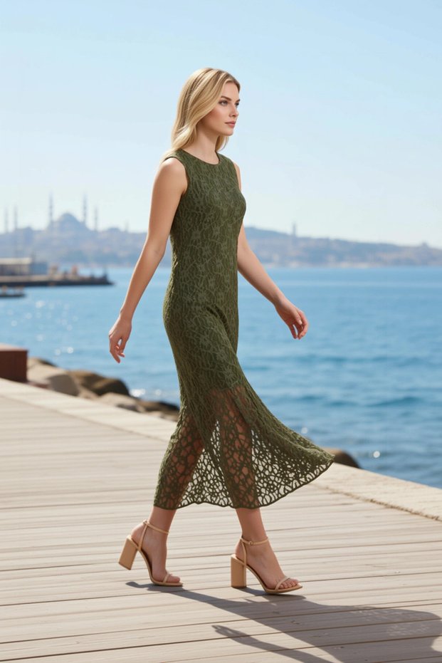 Women's Dress A-Line Crew Neck Sleeveless Lace Patterned Knitted Bell Form Asymmetrical Maxi Lined
