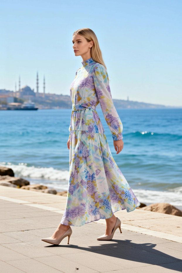 Women's Maxi Dress Lined Belted Floral Crew Neck Long Sleeve Chiffon Woven A-Line Sports