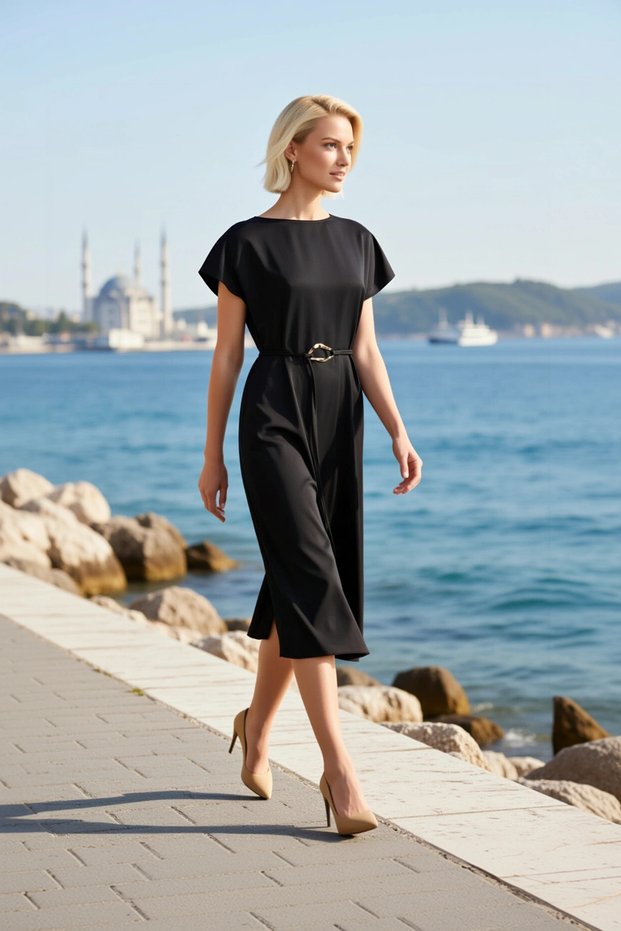 Women's Long Dress Boat Neck Batwing Sleeve Satin Woven Belt Tie Detail Plain Shift Fit Stylish