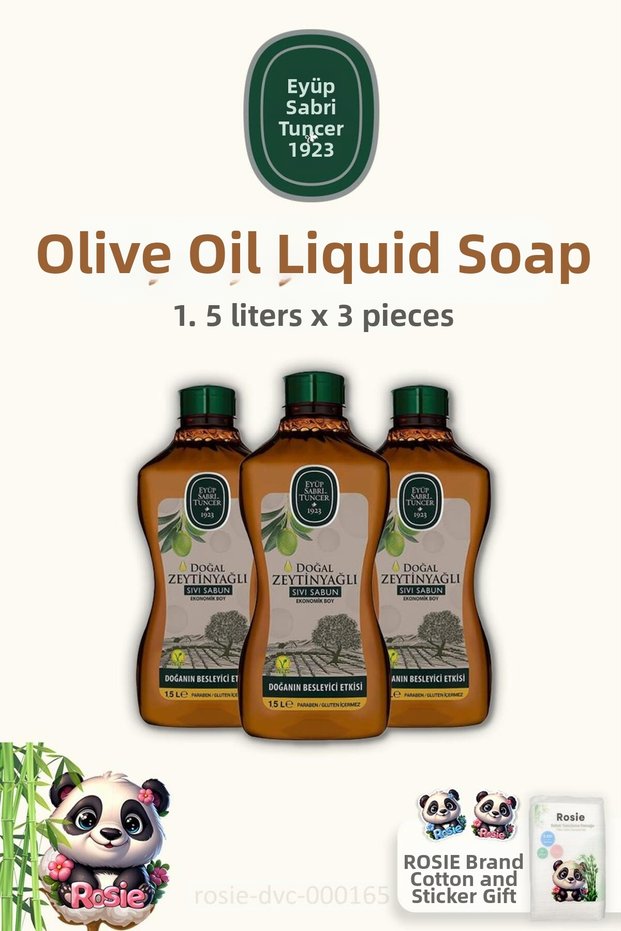 3 Pieces of Eyüp Sabri Tuncer Natural Olive Oil Liquid Soap 1.5 Lt and Rosie Cotton