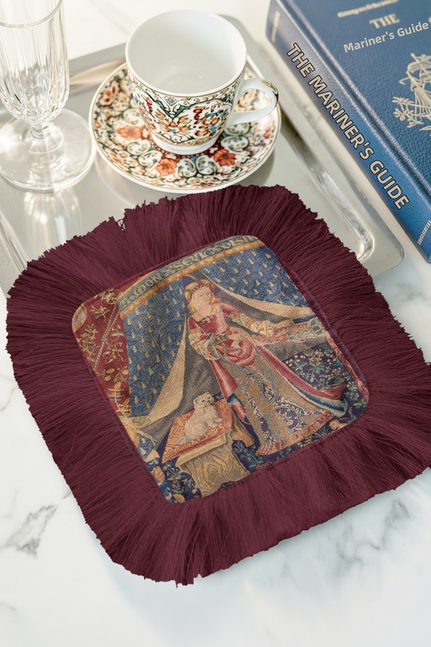 Medieval Palace Elegance Fringed Presentation Napkin-Lady Themed Classic Burgundy Coaster Tissue
