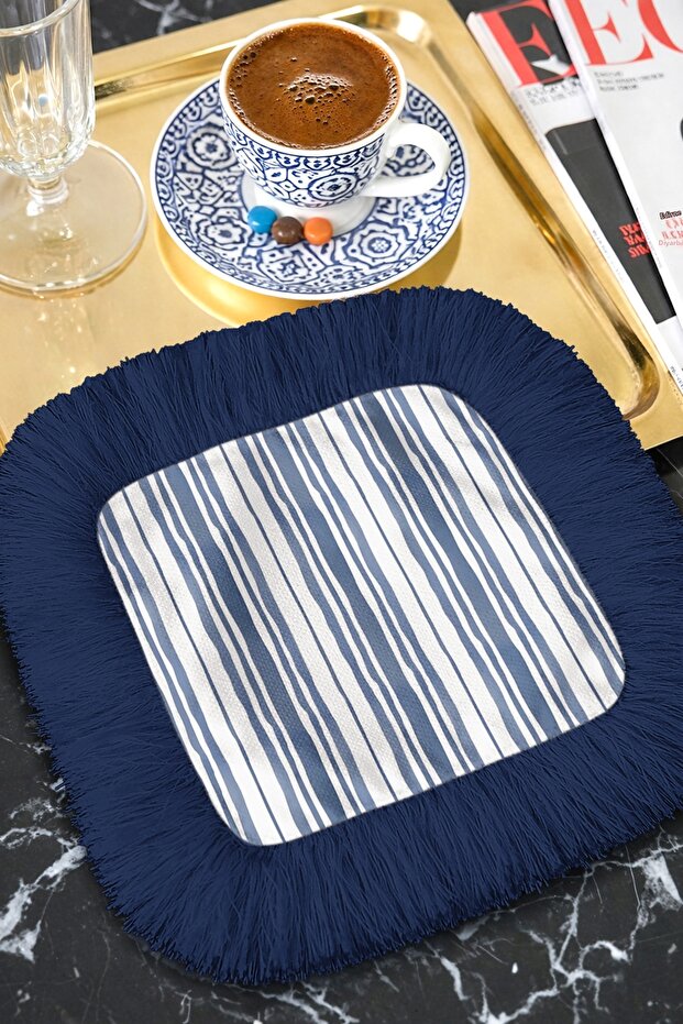 Luxurious Striped Fringed Serving Cocktail Napkin - Sea-Inspired Modern Navy Blue Coaster Tissue