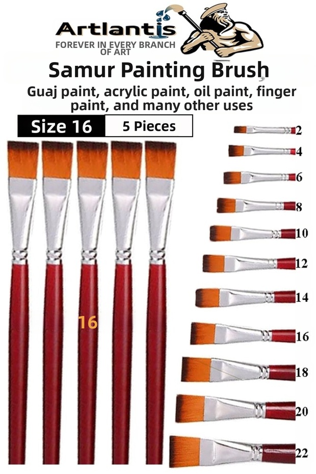 Flat Tip Number 16 Painting Brush 1 Pack of 5 Sable Cut Tip Brush Set Gouache Watercolor Acrylic Oil