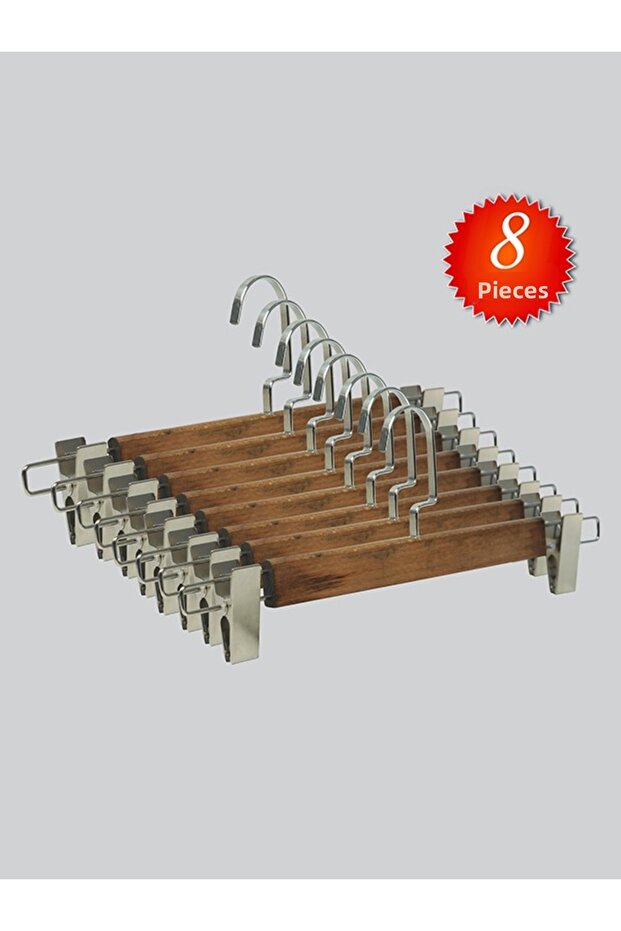 Wooden (Silver Hook Lama) Clothes Hangers for Pants and Skirts, Walnut Color, 8 Pieces