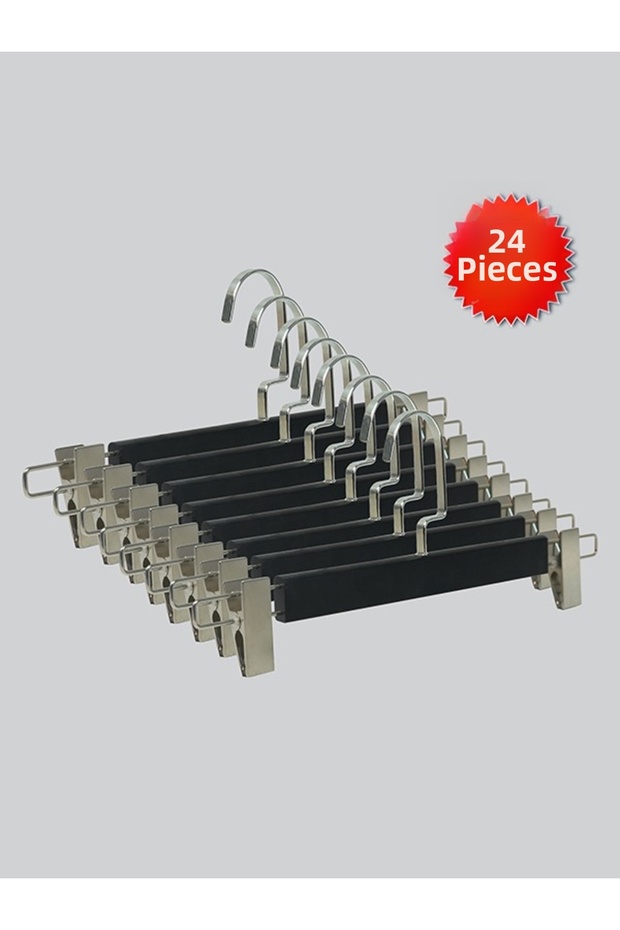 Wooden (Silver Hook Lama) Clothes Hangers for Pants and Skirts, Black Color, 24 Pieces