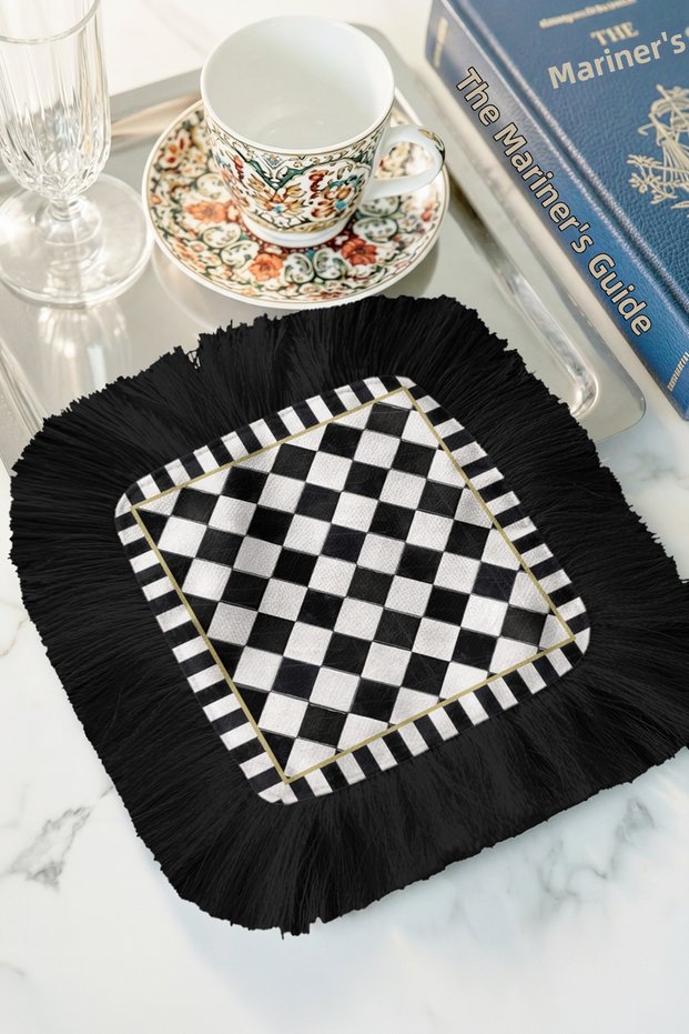 Luxurious Geometric Fringed Presentation Napkin - Monochrome Modern Black Gold Colored Coaster Tissue