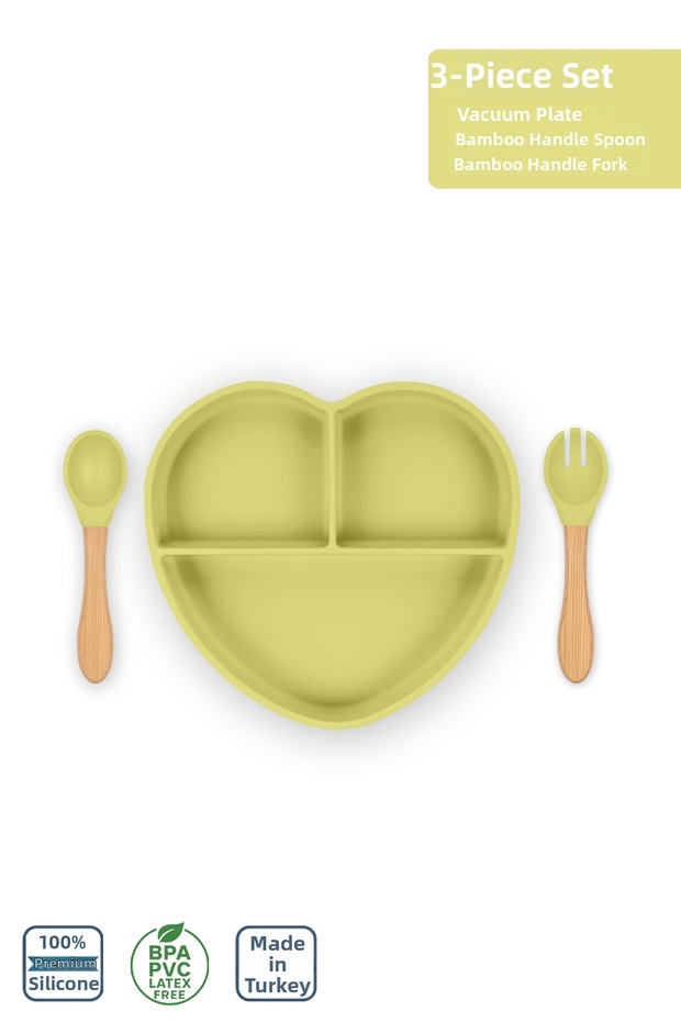 Silicone Feeding Set 3-Piece Pond Green / Food Plate, Bamboo Handle Food Spoon and Fork