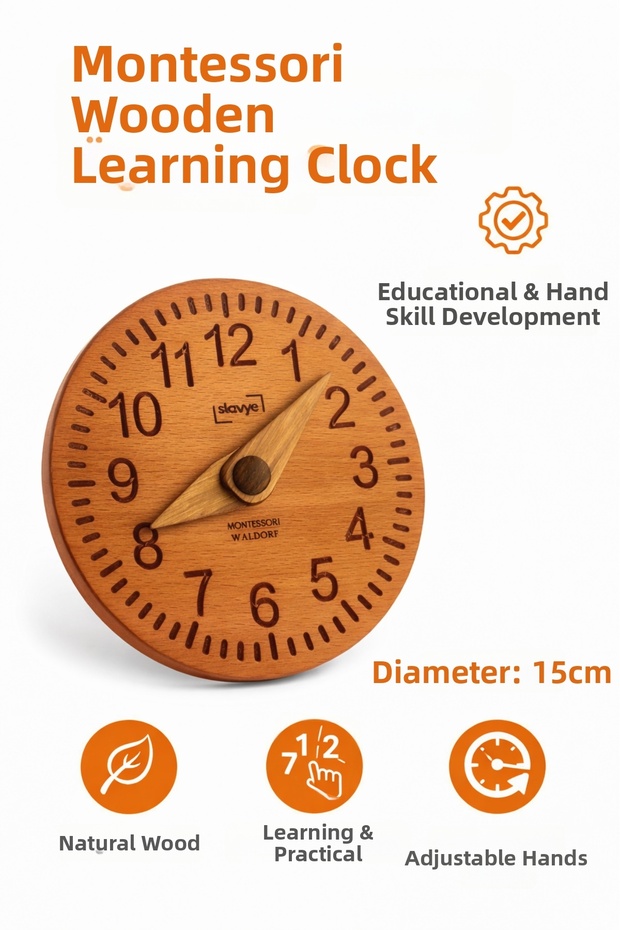 لعبة الساعة الخشبية الصلبة من طراز مونتيسوري ووالدورف |   تعلم الساعة، الألعاب التعليمية وتطوير الذكاء - 2