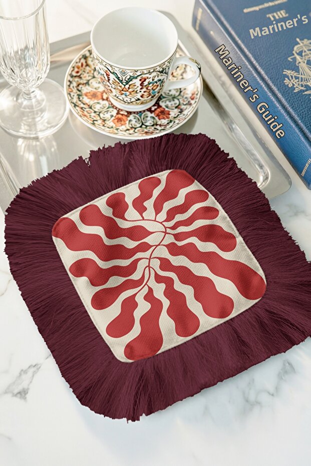 Retro Wave Motif Tasseled Presentation Napkin - Iconic Bohemian Burgundy Cream Coaster Tissue