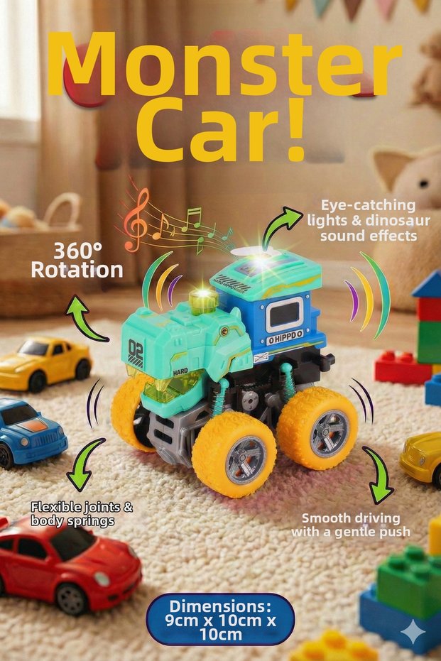 Lighted and Sound Dinosaur Monster Truck - 360 ° Rotating Friction Stunt Car - Toy Car