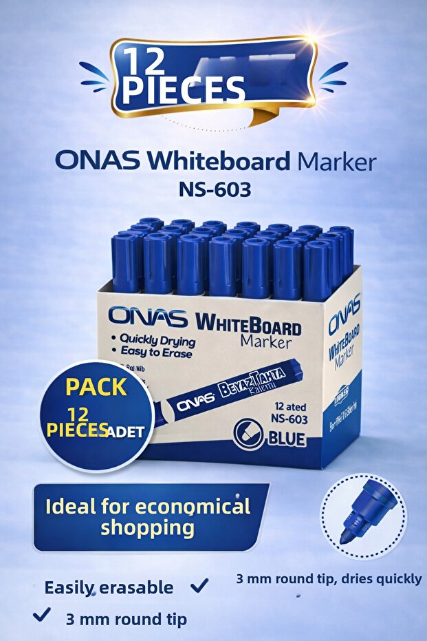 قلم سبورة بيضاء ONAS NS-603 أزرق اللون، طرف دائري 3 مم، 12 قطعة