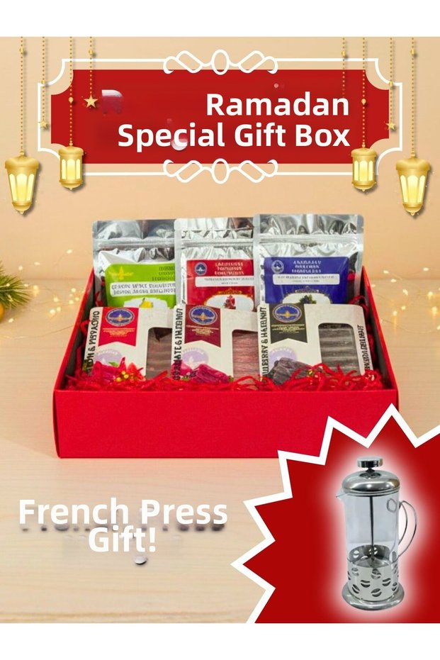 Mixed Turkish Delight & Herbal Tea Set + French Press Gift, Premium Iftar Gift Pack of 6