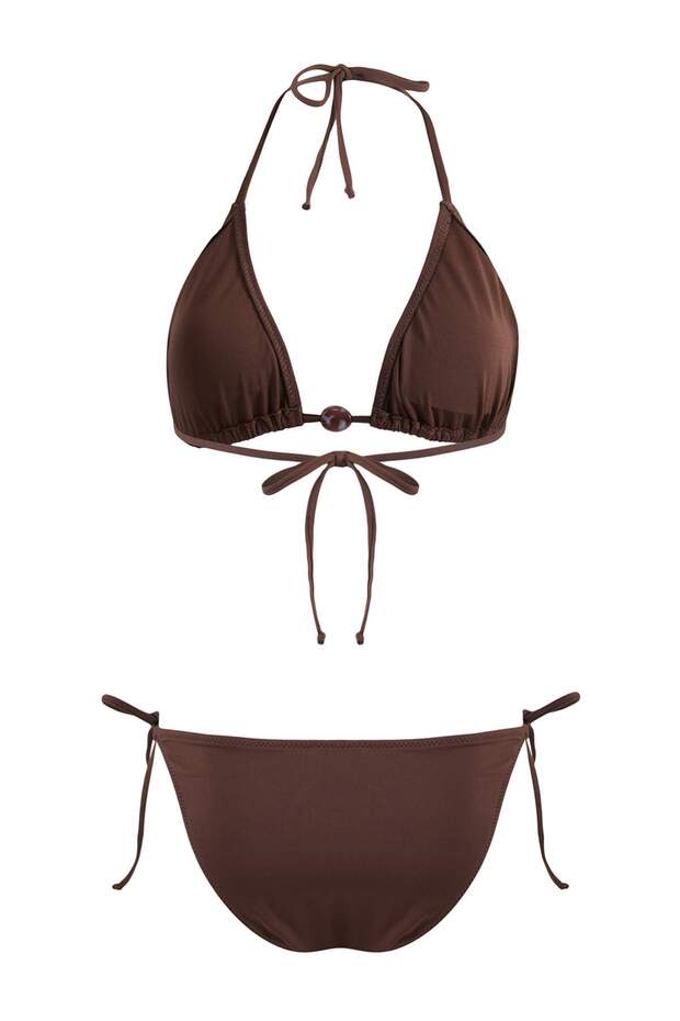 Kahverengi Üçgen Kaplı Aksesuarlı Normal Bel Regular Bikini Takımı TBESS26BT00054 - 4