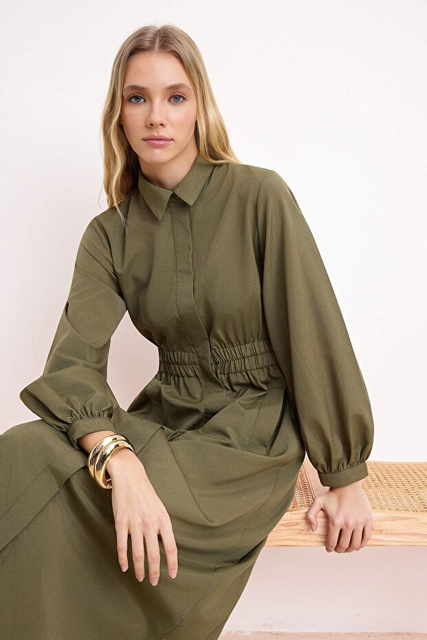 Haki Pamuklu Beli Gipe Lastikli Terrycotton Dokuma Tesettür Elbise TCTSS26EB00077 - 1