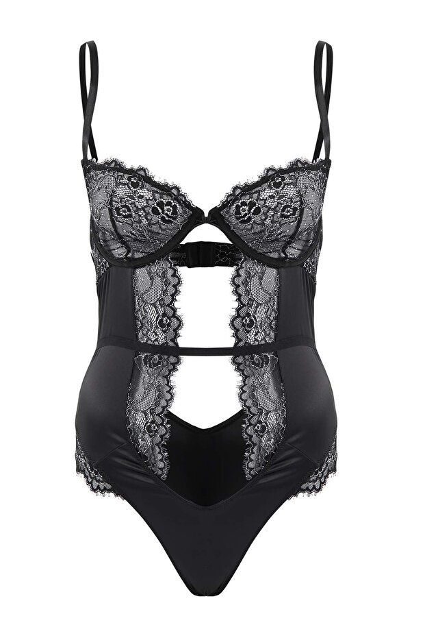 Siyah Saten Fitted Gümüş Renk Detaylı Cut Out Body THMSS26BD00007 - 3