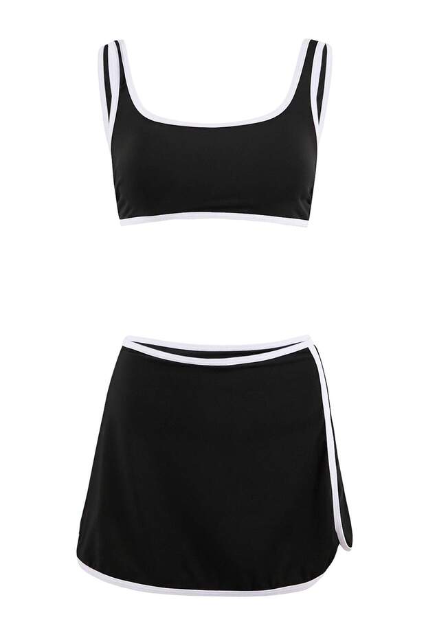 Siyah Bralette Kaplı Renk Bloklu Biyeli Yüksek Bel Etek Bikini Takımı TBESS26BT00059 - 5