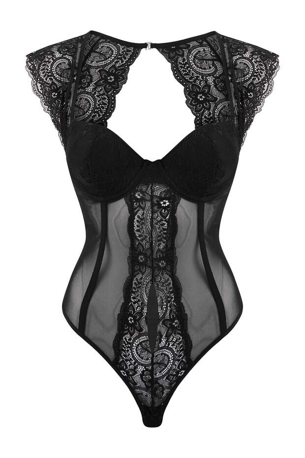 Siyah Tül/Dantel Kaplı Fitted Body THMSS26BD00008 - 3