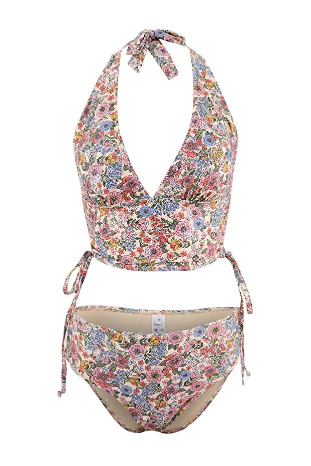 Çiçek Desenli Üçgen Kaplı Drapeli Ayarlanabilir Yüksek Bel Regular Bikini Takımı TBESS26BT00041 - 3