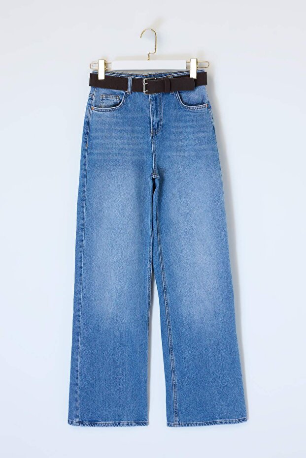 Açık Mavi More Sustainable Kemerli Yüksek Bel Uzun Boy Az Esnek Wide Leg Jeans TWOSS26JE00152 - 1