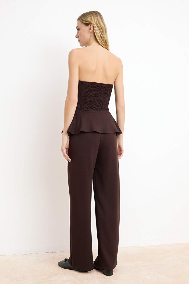 Kahverengi Peplum Kolsuz Geniş Paça Soft Touch Örme Alt-Üst Takım TWOSS26AU00005 - 4