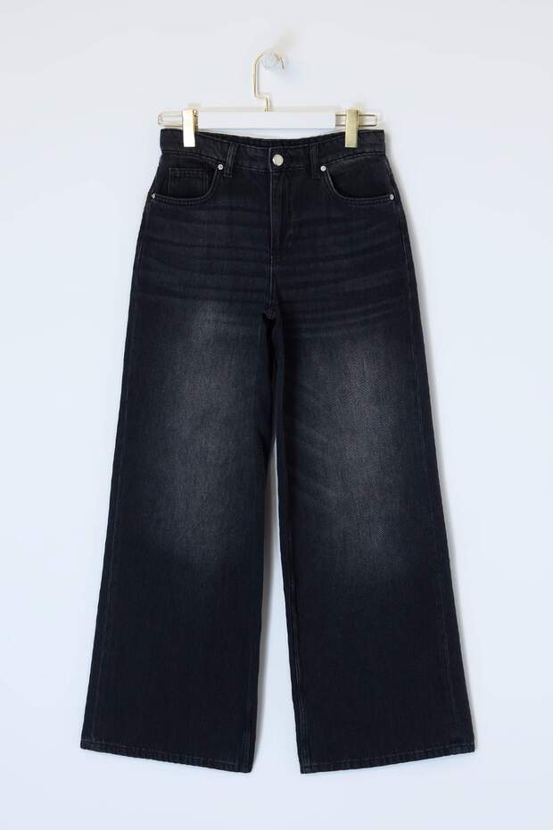Premium Siyah More Sustainable DÖKÜMLÜ Yüksek Bel %100 Pamuk Wide Leg Jeans TWOSS26JE00136 - 11