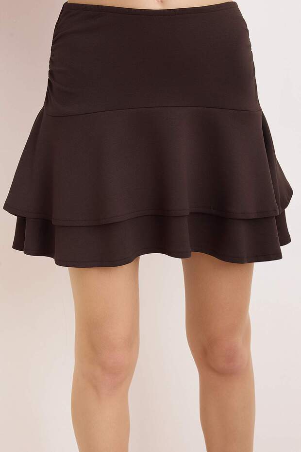 Kahverengi Oversize Volanlı/Fırfırlı Kısa / Mini İnterlok Örme Alt-Üst Takım TWOSS26AU00041 - 3