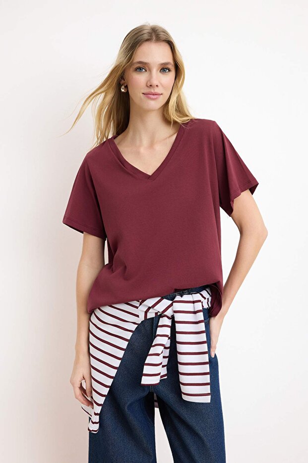 Bordo-Lacivert %100 Pamuk 2'li Paket Regular Kalıp Basic V Yaka Örme T-Shirt TWOSS23TS00002 - 5