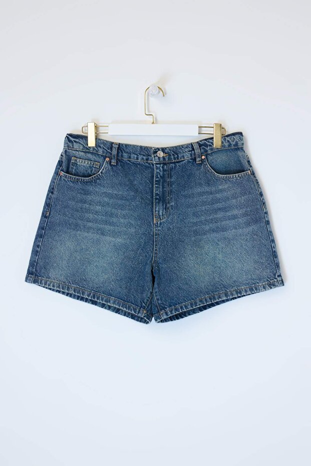 Mavi Lastikli Yüksek Bel Mini %100 Pamuk Non-Stretch Büyük Beden Denim Şort TBBSS26AP00009 - 1