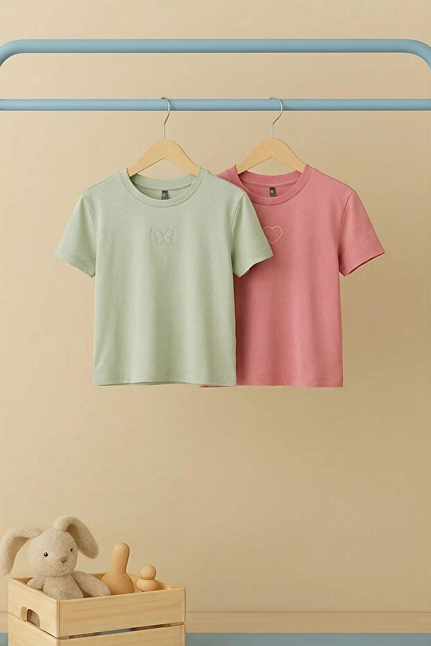 Pembe-Mint 2'li Nakışlı Kız Çocuk Düz Nakışlı Örme T-Shirt TKDSS26TS00006 - 4