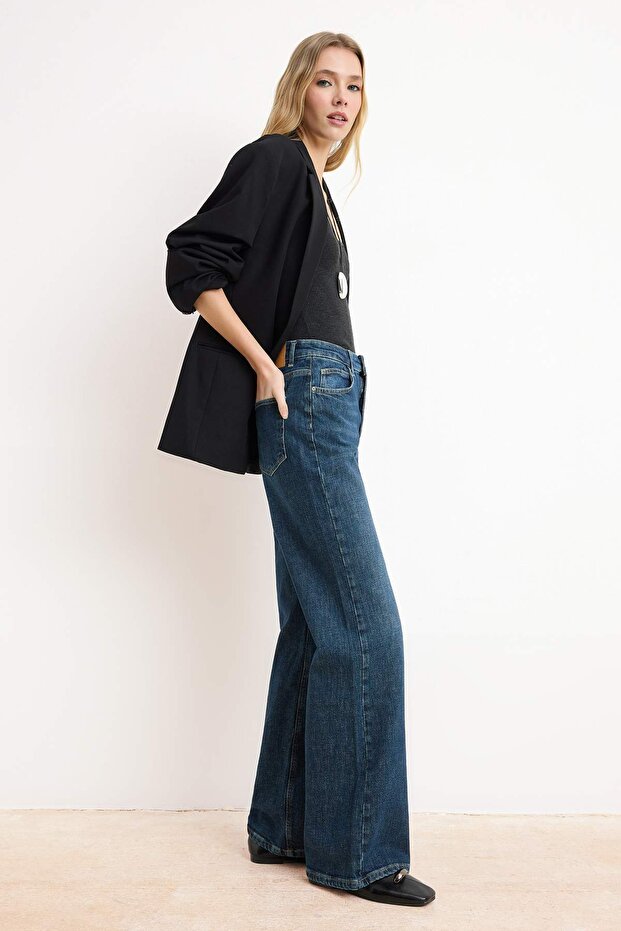 Premium Koyu Mavi More Sustainable Yüksek Bel Az Esnek Wide Leg Geniş Paça Jeans TWOSS26JE00153 - 2