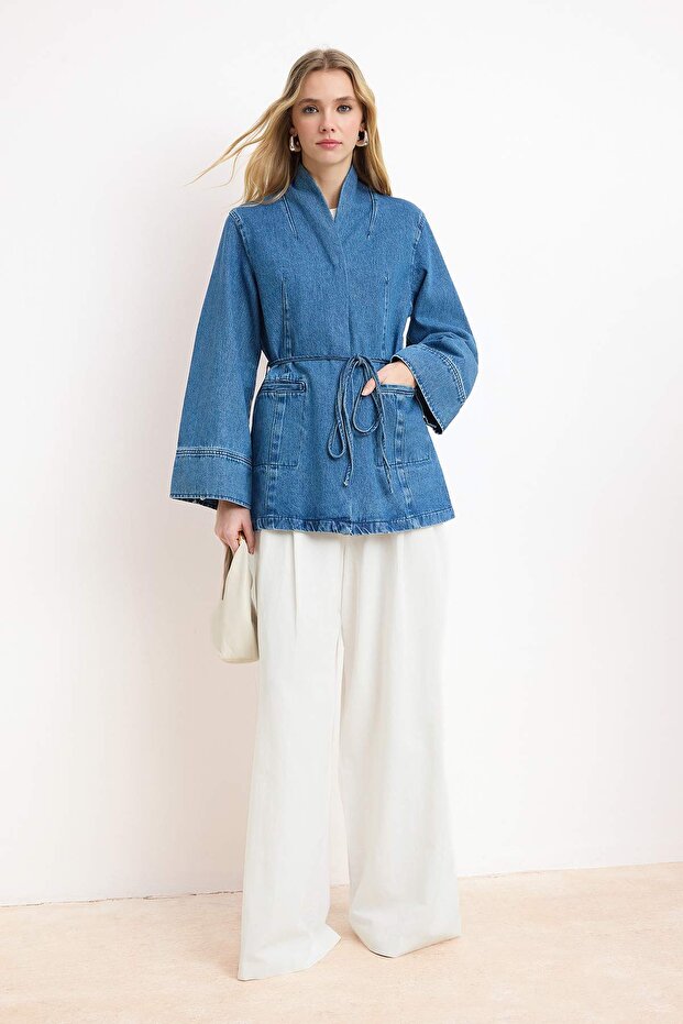 Mavi Kemerli 100% Pamuk Oversize Denim Ceket TWOSS26CE00001 - 5