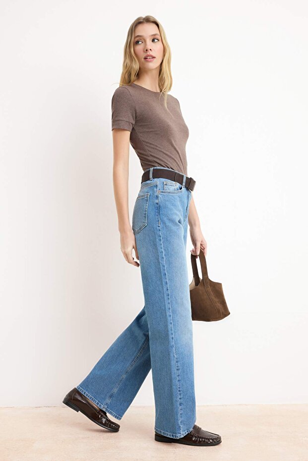 Açık Mavi More Sustainable Kemerli Yüksek Bel Uzun Boy Az Esnek Wide Leg Jeans TWOSS26JE00152 - 3