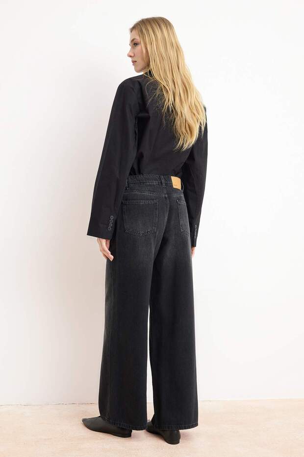 Premium Siyah More Sustainable DÖKÜMLÜ Yüksek Bel %100 Pamuk Wide Leg Jeans TWOSS26JE00136 - 10