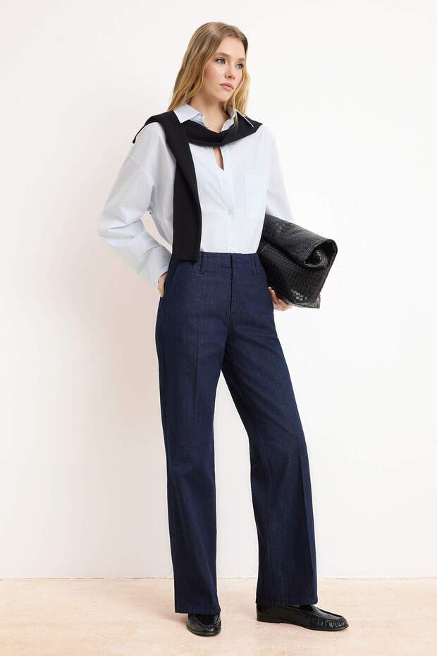 Koyu Mavi DÖKÜMLÜ Nervür Detaylı Normal Bel %100 PAmuk Wide Leg Jeans TWOSS26JE00018 - 1