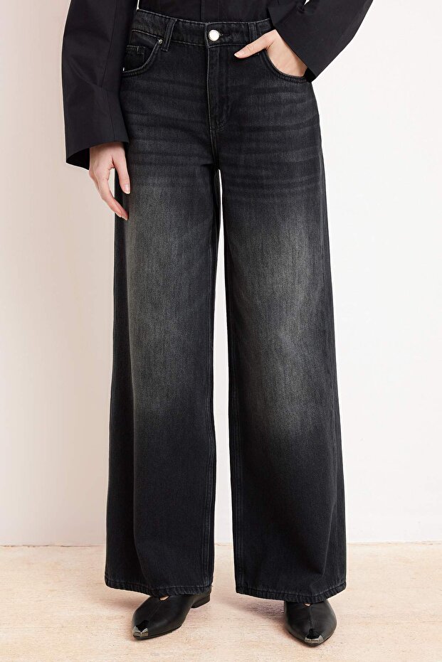 Premium Siyah More Sustainable DÖKÜMLÜ Yüksek Bel %100 Pamuk Wide Leg Jeans TWOSS26JE00136 - 9